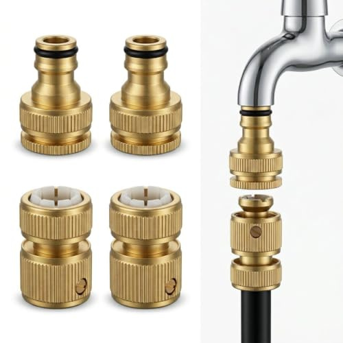 2 Pair Brass Garden Hose Pipe Connectors 1/2 & 3/4 Outside Tap Connector | Solid Brass Quick Release Fittings for UK Hose Pipes Watering Irrigation Car Washing & Outdoor Cleaning