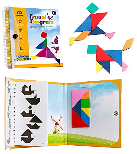 Coogam Magnetische Reise Tangram Puzzles Buch Spiel Tangrams Jigsaw Shapes Dissektion mit Lösung für Kind Erwachsene Urlaub Traveller Tangoes Herausforderung IQ pädagogisches Spielzeug (360 Muster)