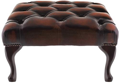 Large Chesterfield Footstool Antique Brown Leather Queen Anne Legs