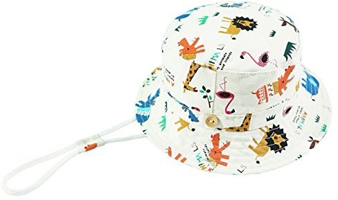 Foruhoo Baby Sonnenhut Kinder Hut, Sommerhut Mütze for Jungen Mädchen mit Verstellbar Kordelzug (54cm / 4-8 Jahre,Zoo weiß)