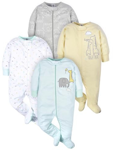 Gerber neutrale Babystrampler „Tiere“, Reißverschluss vorne und krempelbaren Ärmelbündchen, 4er-Pack