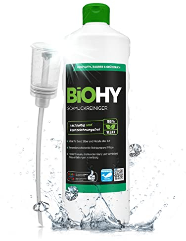 BiOHY Limpiador de joyas (1 botella de 1 litro) + Dosificador | Fórmula de brillo activo |Limpieza sostenible y suave para relojes, gafas, joyas y metales preciosos (Schmuckreiniger)