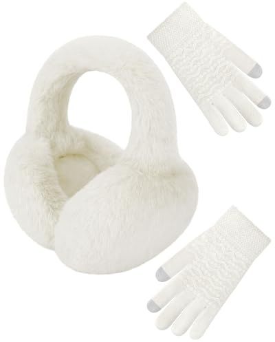 Senker Fashion Ear Muffs Gloves for Winter Women, Foldable Earmuffs Faux Furry Soft Ear Warmer Covers Headband Cold Weather
