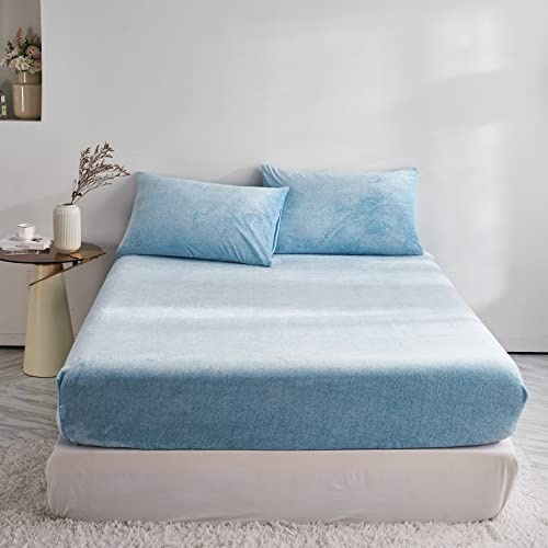 DXHOME Teddy Sábana bajera ajustable de felpa 160 x 200 cm, cama con somier de invierno, cálida y mullida, para cubrecolchón de hasta 25 – 30 cm, color azul claro, de forro polar de leche