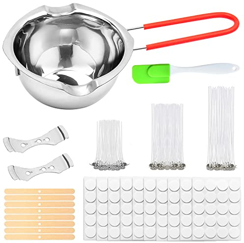 ZIOYA 180-teiliges Set zur Herstellung von Kerzen, Dochte für Kerzen, 2 feste Bretter + 10 doppelseitige Klebefolien + 1 Topf + 8 Holzbretter + 1 Silikonschaber
