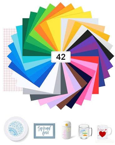 Bohoray 42 Stück Vinylfolie Plotter 32 Vinylfolien＋10 Transferband Blätter | Plotterfolie Vinyl Selbstklebend für Silhouette und Cameo Cutter für DIY-Geschenke, Tasse, Fenster
