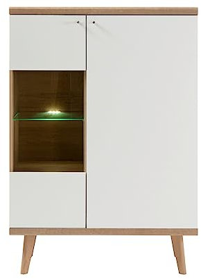Vitrine weiß und Eiche Riviera Vitrinenschrank Wohnzimmerschrank skandinavisches Design 50 x 197 cm Helge (Highboard/Vitrine mit LED)
