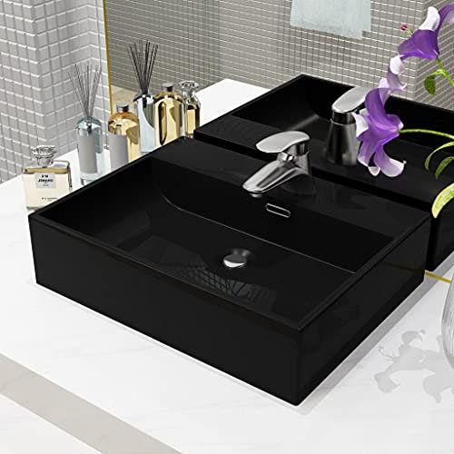 HIGSOSE Lavandino con Foro Rubinetto in Ceramica 51,5x38,5x15 cm Lavatoio Ceramica Arredo Bagno Lavello da Esterno Lavello Bagno Lavabo da Appoggio Lavabo Sospeso Nero Mobile Sospeso Bagno
