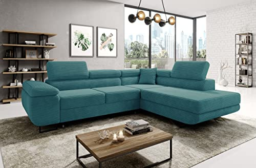 Easy4You Ecksofa Türkis Avatar Kord L-Form – 277x73x203 cm - Schlafsofa mit Bettkasten und Schlaffunktion - Eckcouch mit Stauraum – Rechts – Stoff Kord POSO 26