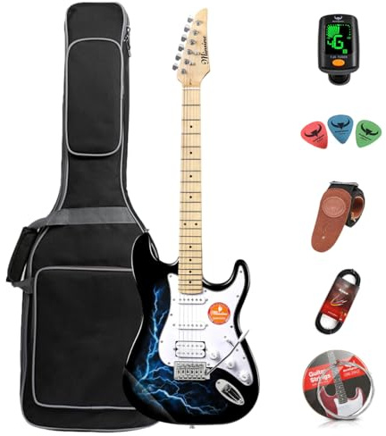 Guitarra eléctrica de 39 pulgadas, tamaño 4/4, pastillas SSH, modelo ST para principiantes y amantes de la música, con accesorios: funda, correa, púas, afinador, cuerdas, cable. MS-100 (Rayo Azul)