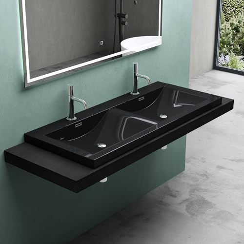 Mai & Mai Lavabo Incasso Doppio 120x48x12cm, Lavabo Sottopiano Lavandino Bagno Colossum03 da Marmo Fuso, Nero