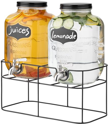 Navaris Glass Double Jar Drink Dispenser with Tap - Includes Metal Stand - For Cocktail Drinks, Lemonade, Water or Beverage Service - Two 5L (5.3QT) Dispensers