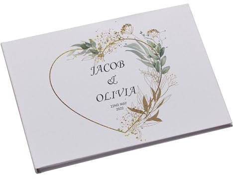 Large Personalised Wedding Guest Book Keepsakes,Signature Scrapbook, Photo Album Wedding Couple Green Gold Heart