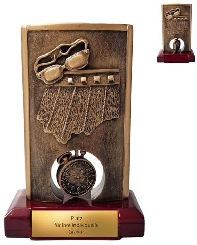 eberin · Schwimm Wettkampf Pokal personalisierbar · Langstreckenschwimmer Trophäe · Amateurschwimmer/Schwimmathleten Skulptur Schwimmbrille · rotierende Stoppuhr · Pokal mit Gravur · 16,5cm ·