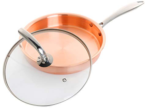 Sartén de cobre puro, sartén de cobre, para fuegos de gas, con tapa, sartén de 11,0 pulgadas