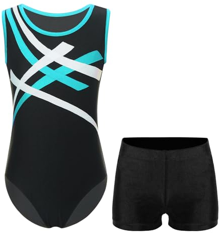 Alvivi Kinder Jungen Turnanzug Gymnastikanzug Ballettanzug Ärmellos Body mit Shorts Ballett Trikot Turn-Leotards Yoga Training Sportwear Blau Grün&Schwarz 122-128