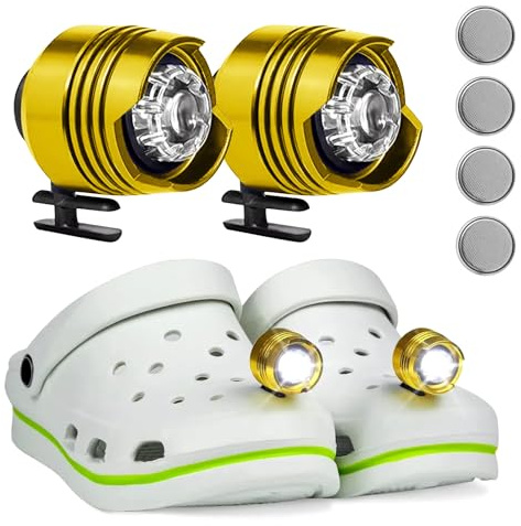 MXJFYY 2 Fari per Croc, 3 Modalità Regolabili Alla Luce, IPX5 Impermeabile Croc Fari, Passeggiate Escursioni Campeggio Accessori Scarpe Regali di Compleanno per Le Vacanze per Adulti Bambini（Gold）