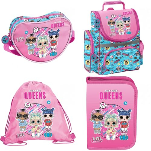 LOL Schulranzen Mädchen 1 Klasse Tornister Schulrucksack Set 4 TLG. L.O.L. für Grundschule ergonomisch und anatomisch/inkl. Federmäppchen, Sportbeutel und Handtasche