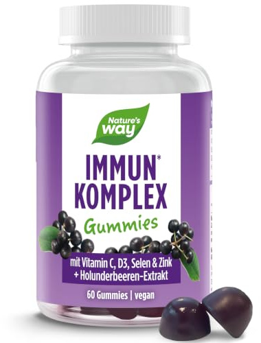 Immun Komplex Gummies zum Immunsystem stärken I 4in1 Immunformel für Erwachsene mit Vitamin C Zink Vitamin D3 und Selen I Holunderbeeren Geschmack I vegan ohne künstliche Süße & Farbstoffe I 60 Stück