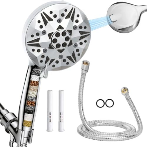 ALYCABER Alcachofa de Ducha de Alta Presión con Descalcificador y Manguera de 1'5 M - 10 Modos de Pulverización para Fresh Baños - Cabezal de ducha Grande - 2 Filtros de repuesto - Shower head