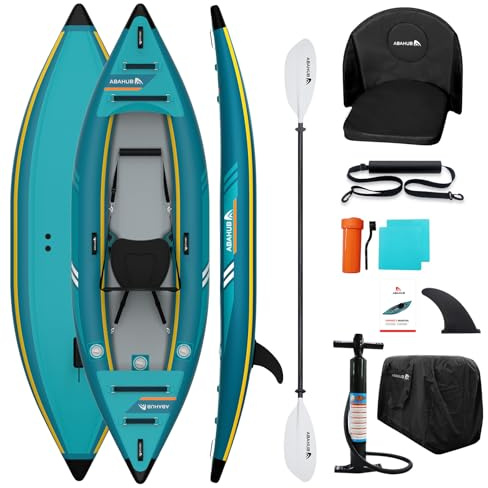 Abahub 320cm Kayak Gonfiabile 1 Persona Kayak Gonfiabile con Pagaia, Sedile, Poggiapiedi, Pompa a Mano e Borsa per Kayak Canoa Gommone 1 Posto 320x89x23cm Blu