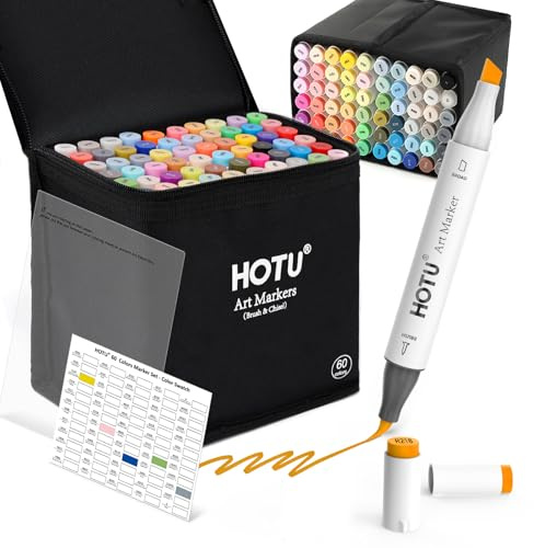 HOTU Alkohol Marker Brush Tip, 60 Pinsel Alcohol Marker Stift Doppelseitige Farbspitz Chisel Tip Alkoholmarker Twin Marker Stifte für Coloring Book, Manga, Skizzieren, Kalligraphieren und Zeichnen