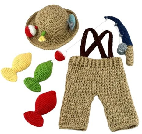 Adorable Newborns Baby Knit Fishing Photography Outfit with Matching Hat & Knitted Fishing Props Comfortable Fabric