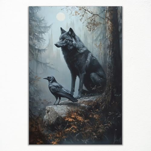 Décoration murale loup, poster de corbeau, paysage de forêt sombre, image d'oiseau noir, peinture symbiotique d'animaux sauvages et bois, cadeau gothique pour amoureux de la nature, 61 x 91,4 cm, sans