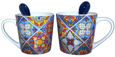 Portugal Azulejos - Juego de 2 tazas grandes de café con cucharas pintadas a mano, tazas de té y café de cerámica, incluye caja de regalo, cerámica portuguesa, hermoso regalo de Portugal (azulejos de