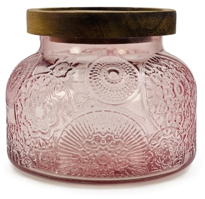 Decorative Pink Embossed Glass Jar with Airtight Wooden Lid, 25.4 fl. oz | Wide mouth vintage storage canister, kitchen pantry bathroom organization, coffee sugar tea cookie candy candle vase gift