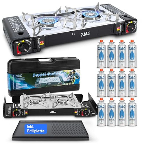 ZMC Réchaud à gaz pour camping avec 2 ampoules, adaptateur LPG, mallette de rangement et fer à repasser Compatible avec cartouches de 227 g