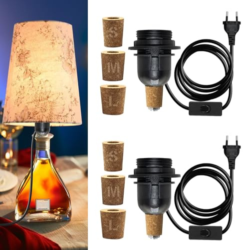 E27 Portalampada per Bottiglia 2 Pezzi, 240CM Cavo Porta Lampada con Interruttore, Nero Kit Lampada Bottiglia con 3 Tappi di Sughero, DIY Lampada da Tavolo Kit per Bottiglie di Diversi Calibri