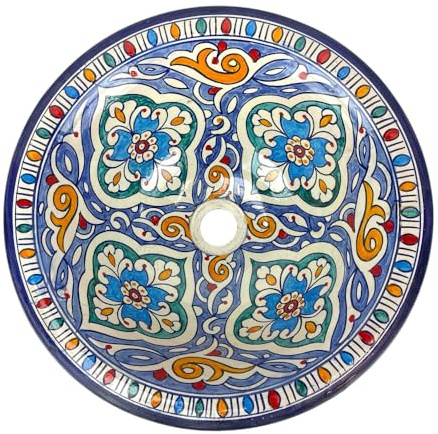 Fes - Lavabo marroquí de cerámica pintada a mano, diseño floral, 40 cm, azul, azul y naranja, cerámica