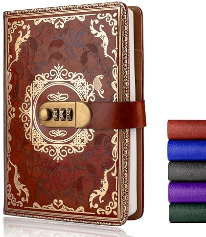 YUNAI Journal intime avec cadenas - 200 pages - Journal secret pour fille et garçon - Avec code - Vintage Lock - A5 - En cuir synthétique - Motif fleur en relief - Papier ligné - Pour bureau, école