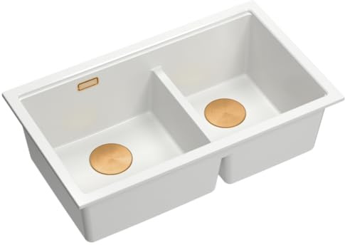 QUADRON Evier 2 Bacs Evier en Granit Cuisine | Taille 78 x 50 x 23,5 cm Couleur : Blanc & Cuivre Pvd | LOGAN 120 | Evier en Granit avec siphon | Evier 2 Bacs sous meuble à partir de 80 cm