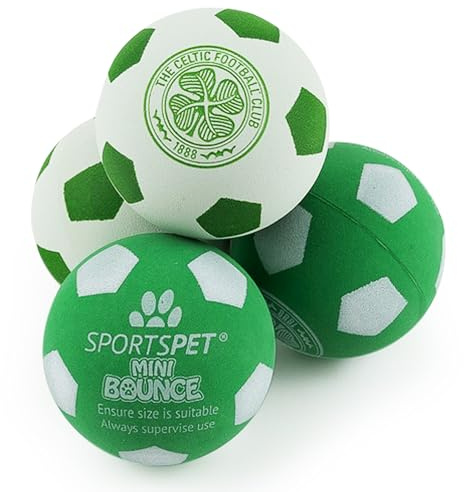 SPORTSPET Celtic Mini Bounce Natural Rubber Dog Balls, PACK OF 4 (45mm) | Small Dog & Puppy Rubber Balls for Fetch & Play, Non-Toxic, Floats in Water, Official Club Colours, for Toy & Small Breeds