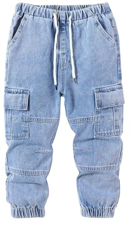Verdusa Boy's Baggy Jeans Cargo Drawstring Waist Flap Pocket Joggers Carrot Denim Pants Light Wash 6Y