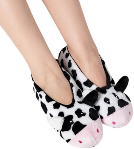AMateschitz Chaussettes de chalet moelleuses pour femme - Chaussettes douillettes - Chaussettes chaudes - En peluche - Pantoufles épaisses - Antidérapantes - Chaussettes d'hiver, Vache, Medium