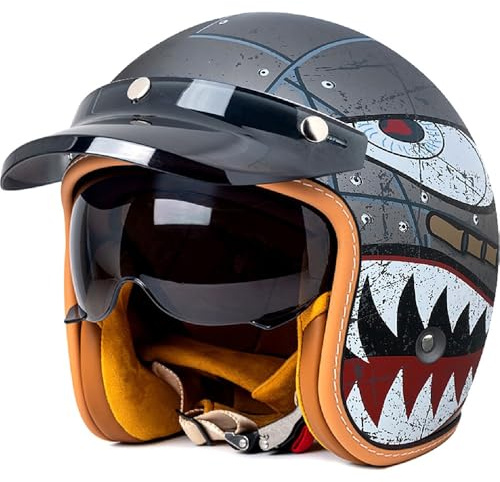 WZGGTEAM Motorcycle Open Face Helmet, German Style Vintage Motorbike Jet Helmet with Sun Visor, Retro 3/4 Open Face Design, ECE/DOT Approved Crash Jet Helmet for Men Women Road Legal