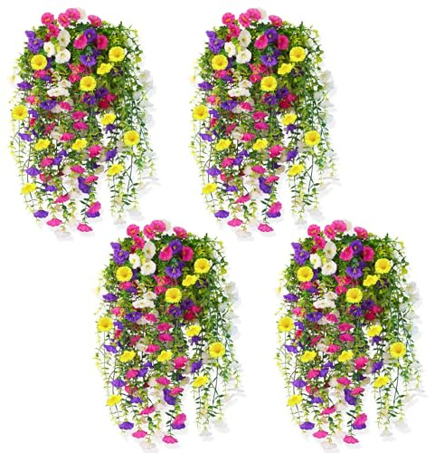 HUSOUE Künstliche Hängepflanzen, 4 Stück Kunstblumen für Draußen Kunstblumen Hängend 75cm UV-Beständig Petunien Pflanzen Hängepflanze Echt für Draußen Garten Balkon Hochzeit Dekoration