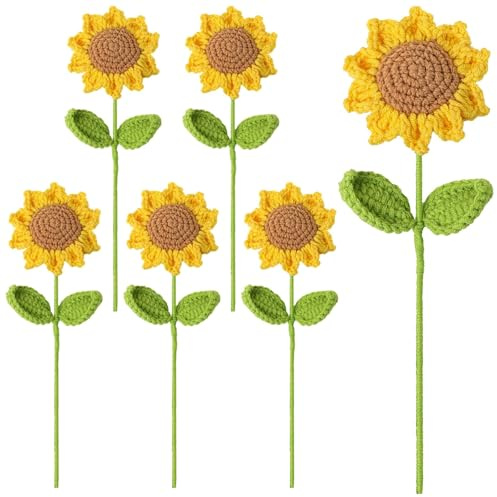 6 bouquet di girasoli fatti a mano all'uncinetto, giallo con centro marrone e foglie verdi, steli lunghi 30 cm, regali di compleanno da donna, occasioni speciali, decorazioni per la casa