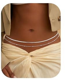 HABIKIP Silver Plater Waist Chain for Women, Layered Silver Plater Belly Belt Chain Sexy Bikini Beach Satellite Waist Beads Chain Adjustable Snake Body Chain Waterproof Jewelry Accessories for Women