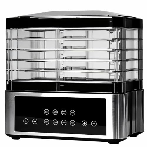 Deshidratador de alimentos de 5 bandejas con termostato ajustable 30-75 °C, distribución uniforme del calor y altura compacta de 30 cm para cecina, frutas y verduras, 90 W