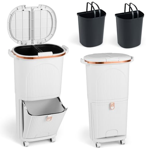 LIFEZEAL Cubo de Basura Reciclado de 38 L, de Plástico Blanco, Diseño Vertical de 2 Capas con Pedal Oculto, Tapa a Presión, Ruedas con Frenos y Compartimentos para Clasificación de Residuos (Blanco)