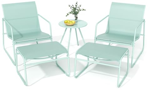Pamapic Conjunto de Jardín de 5 Piezas, Muebles de Jardín con Mesa, 2 Sillas y 2 Taburetes, Tejido Textilene Transpirable, Conjunto de Mesa y Sillas de Terraza, Exterior, Balcón, Bistró, Porche, Verde