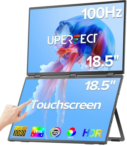 UPERFECT 18.5 Dual Portable Monitor Touchscreen 100Hz (No Driver Needed) | Stacked Folding Monitor, USB-C/Mini HDMI Triple Extender Display, 1200:1 Second Screen for Laptop/PC/Phone, w/Stand & VESA