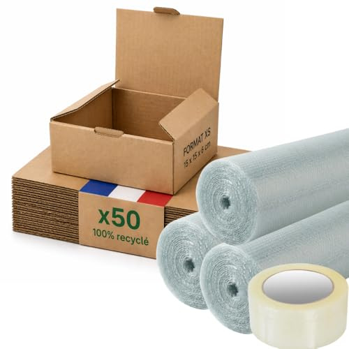 Boite carton emballage colis XS - Lot de 50 + film à bulles + adhésif - 15 x 15 x 6 cm - Renforcé - bijoux, accessoires, e-commerce - Life Pack