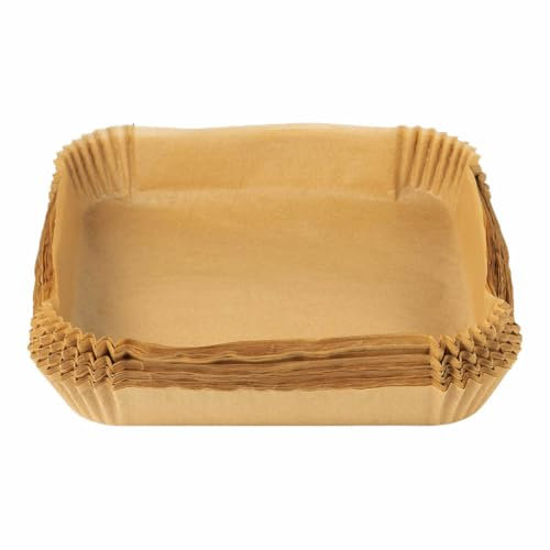 MasterPro Foodies - Papel de hornear para freidora de aire - Sin BPA - Juego de 100 Piezas - Moldes Cuadrados de Papel de 26cm para freidora de aire con cesta de 3-4,5L - Sin blanquear