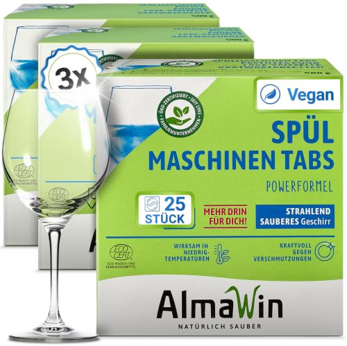 AlmaWin® Spülmaschinentabs [3x 25 Stück] mit Powerformel für strahlend sauberes Geschirr - Öko Spülmaschinentabs für leichte Dosierung - Kraftvolle Geschirrspültabs - Ohne Phosphat, Bio & VEGAN