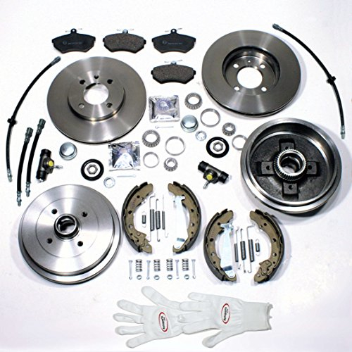 Autoparts-Online Set 60003396 Bremsscheiben belüftet + Bremsbeläge vorne + Bremstrommeln mit ABS Sensor Ringen + Bremsbacken + Radbremszylinder + Zubehör hinten + Bremsschläuche vorne + hinten